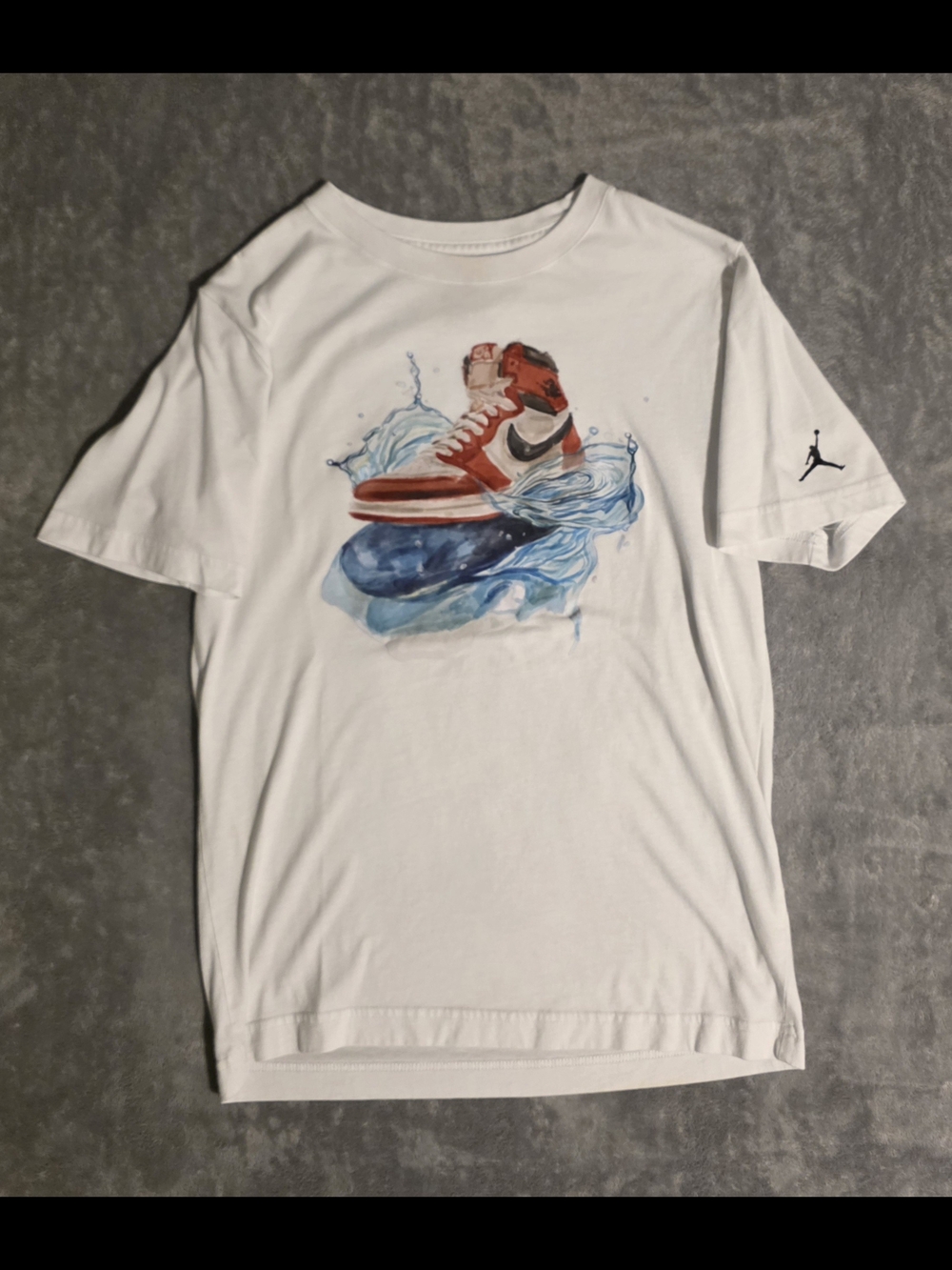 Jordan White Short-Sleeve Tee with Red and Blue Sneaker Graphic